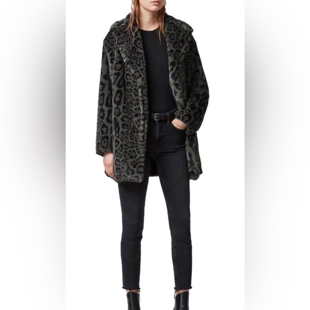 All Saints Amice Faux Fur Gray Leopard Print Coat